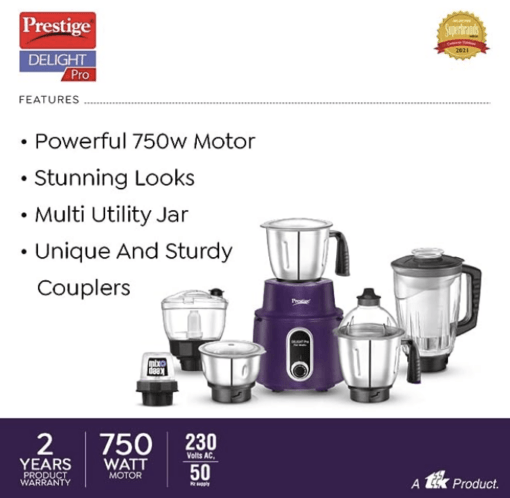 Prestige Delight Pro Mixer Grinder 750 W, 6 Jars, (1500 ml, 1000 ml, 1500 ml, 450 ml) (Purple) - Image 4
